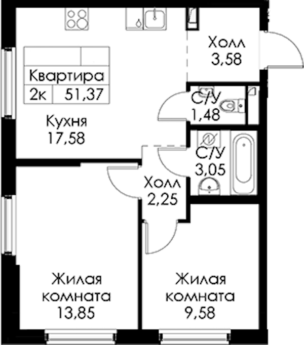 2-комнатная квартира 51.37 м², 1/15 эт., ЖК «Янинский лес»